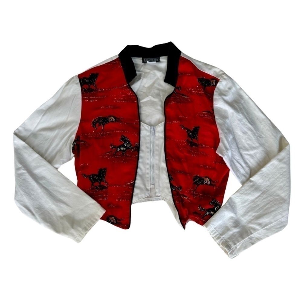 Roughrider by Circle T Red-Black-White Horse Theme Western Cropped Shirt Size XL